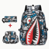 3 Piece Anime Shark Print School Backpack Set