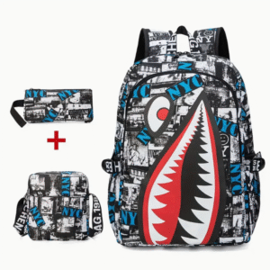 3 Piece Anime Shark Print School Backpack Set