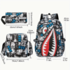 3 Piece Anime Shark Print School Backpack Set