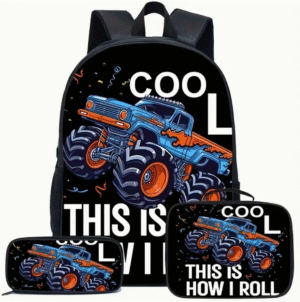 3 Piece Monster Truck Print Backpack Set
