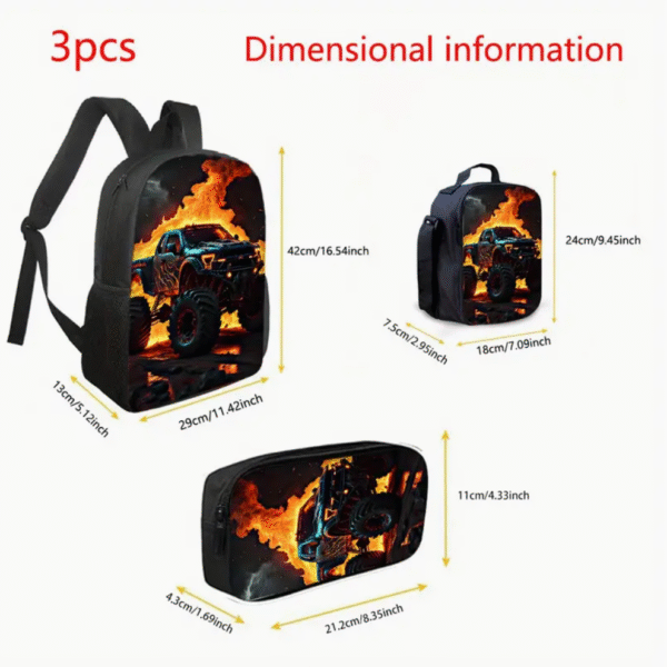 3 Piece Flaming Monster Truck Racing Car Backpack Set